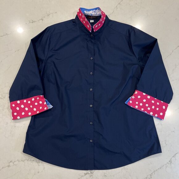 Pearly Vine Shirt Womens XL Navy Button Up 3/4 Sleeve Contrasting Trim Flip Cuff - Picture 2 of 8